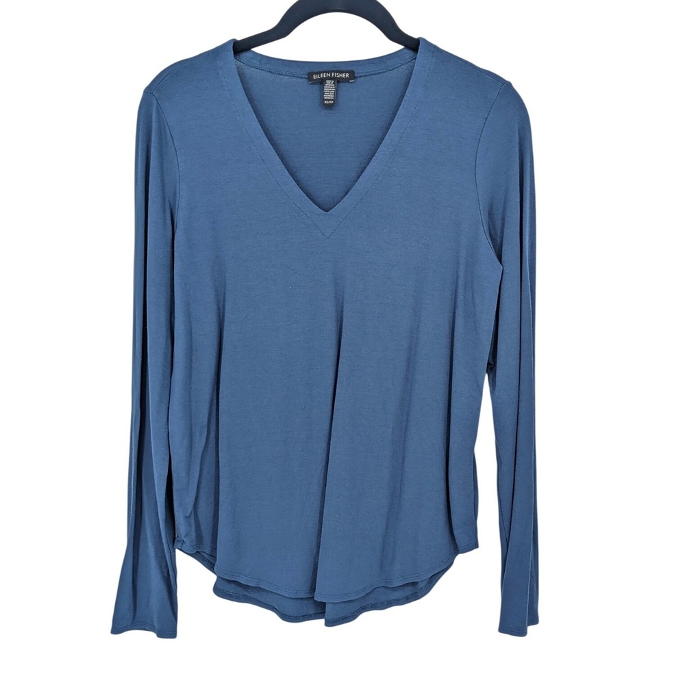 Eileen Fisher Long Sleeve Top Womens XS‎ Blue Viscose Knit Stretch Lightweight